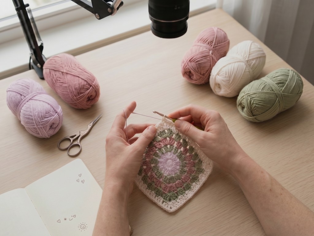 Persona che lavora all'uncinetto su un granny square circondata da gomitoli